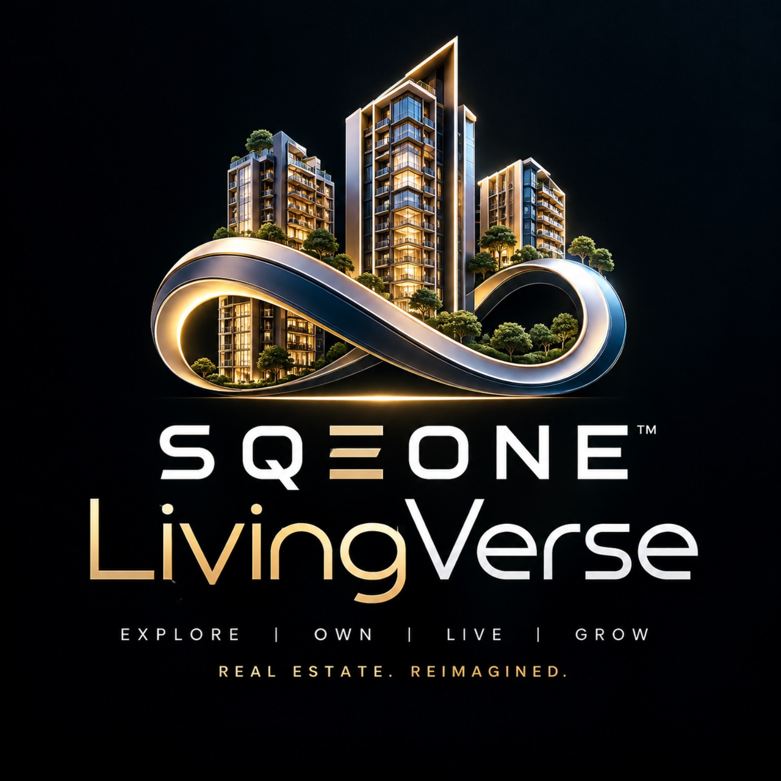 SQEONE LivingVerse logo featuring residential towers rising from a luminous infinity symbol